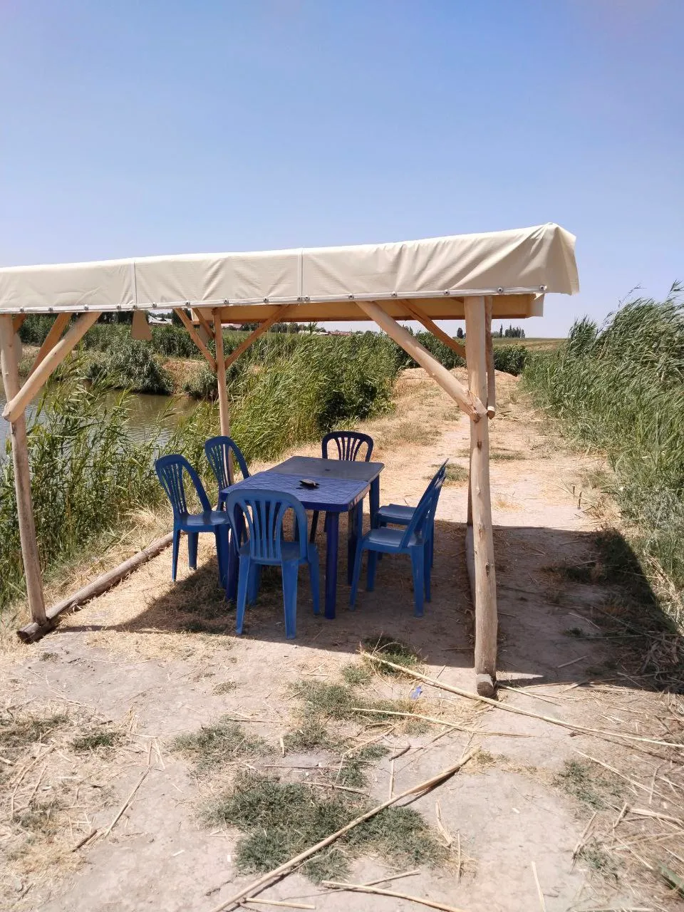 Hovuz boʻyidagi ochiq maydondagi soyabon